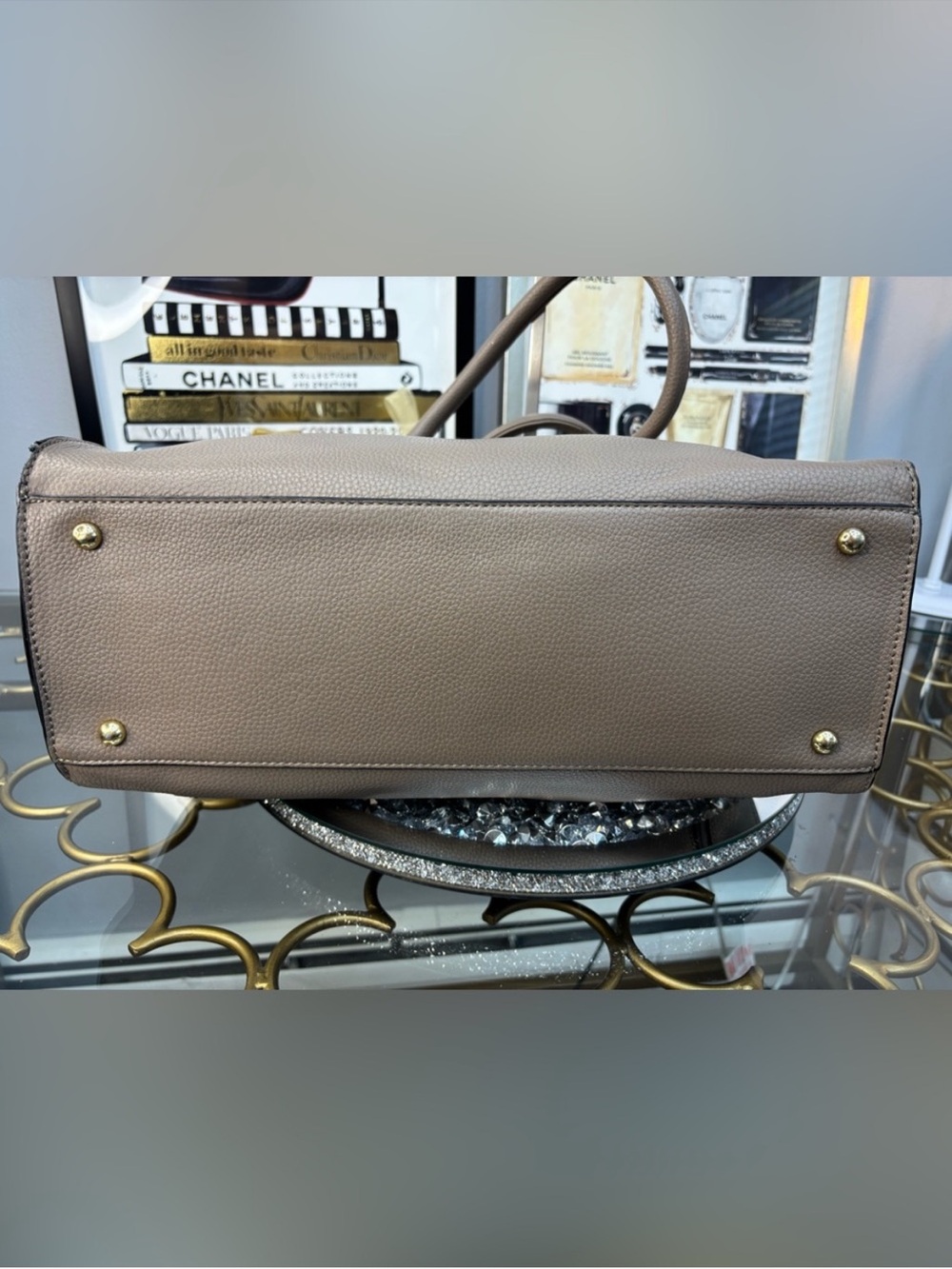 Structured Taupe Satchel with Gold Lock Detail - Picture 5 of 9